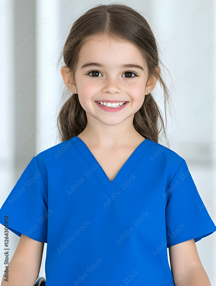 Smiling little girl in blue scrubs stands in hospital for advertising healthy kids generative AI Smiling little girl in blue scrubs stands in hospital for advertising healthy kids generative AI