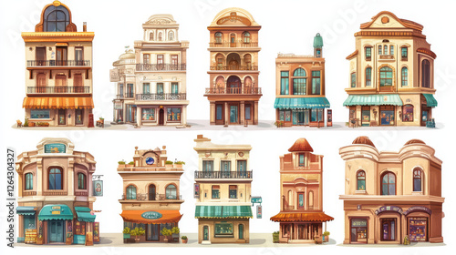 Urban retro building cartoon vector set illustration. Old and modern shopping mall, residential, government buildings with shop, restaurant or cafe on lower floor, isolated on white background