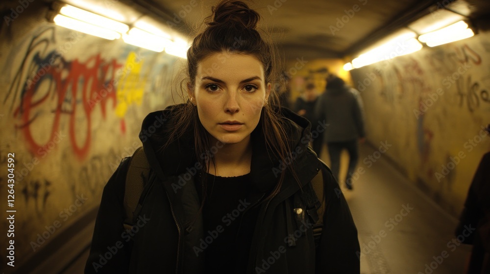 Obraz premium Woman subway tunnel graffiti urban portrait commute