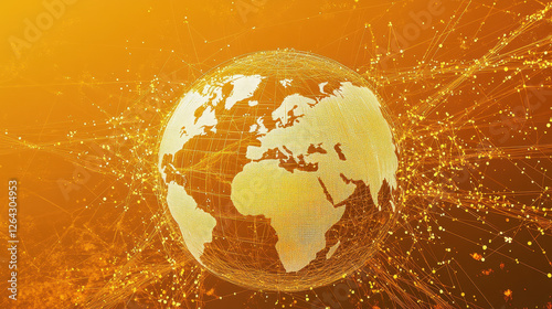 A golden gradient background with digital connections forming the shape of an earth