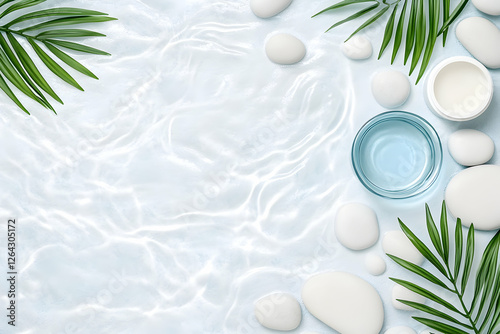 Spa day with water and green plant leaves with cosmetics background use generative AI