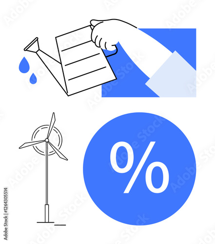 Hand watering a plant-shaped money symbol, wind turbine, and percentage sign. Ideal for finance, sustainability, renewable energy, investment, growth savings green economy. Blue and white abstract