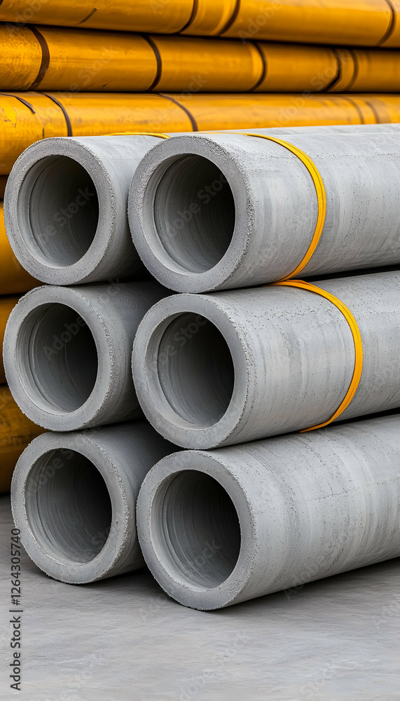 Stacked concrete pipes for construction, stored for delivery in an industrial area generative AI Stacked concrete pipes for construction, stored for delivery in an industrial area generative AI