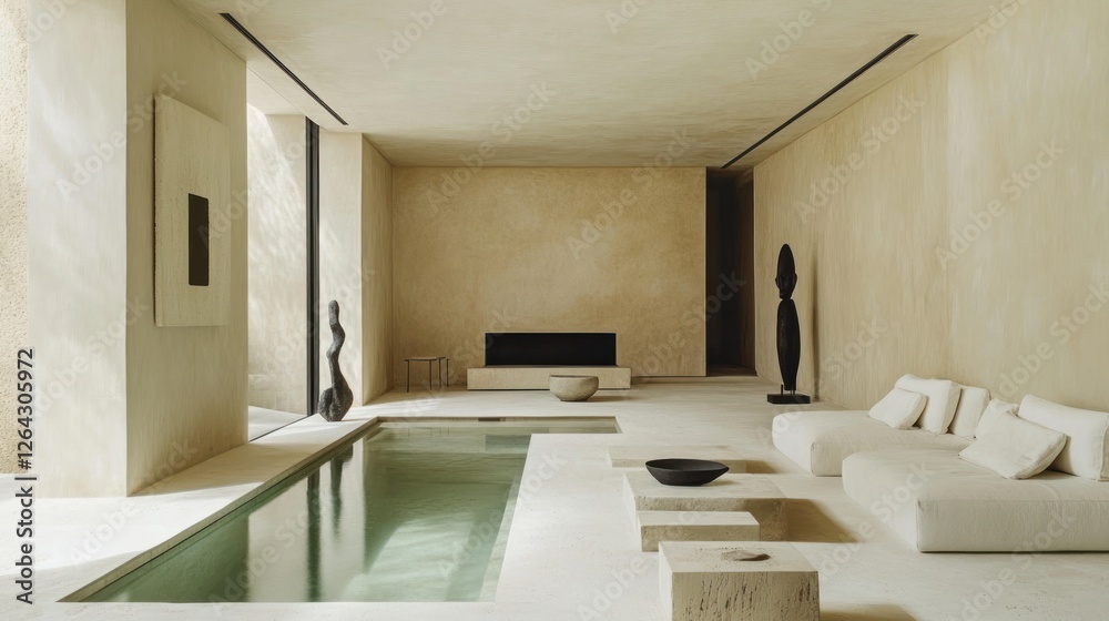 Fototapeta premium Modern interior design with pool, artwork, minimalist style and neutral tones