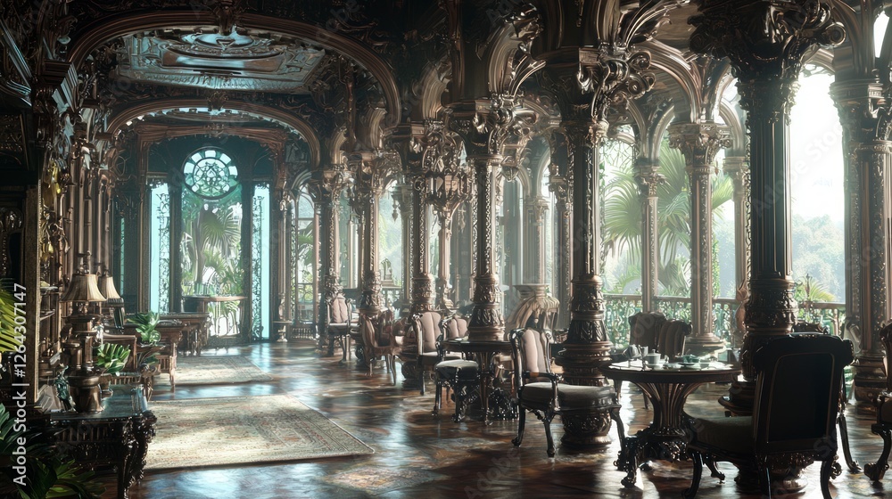 Fototapeta premium Elegant and Serene Tea Parlor with Intricate Architecture