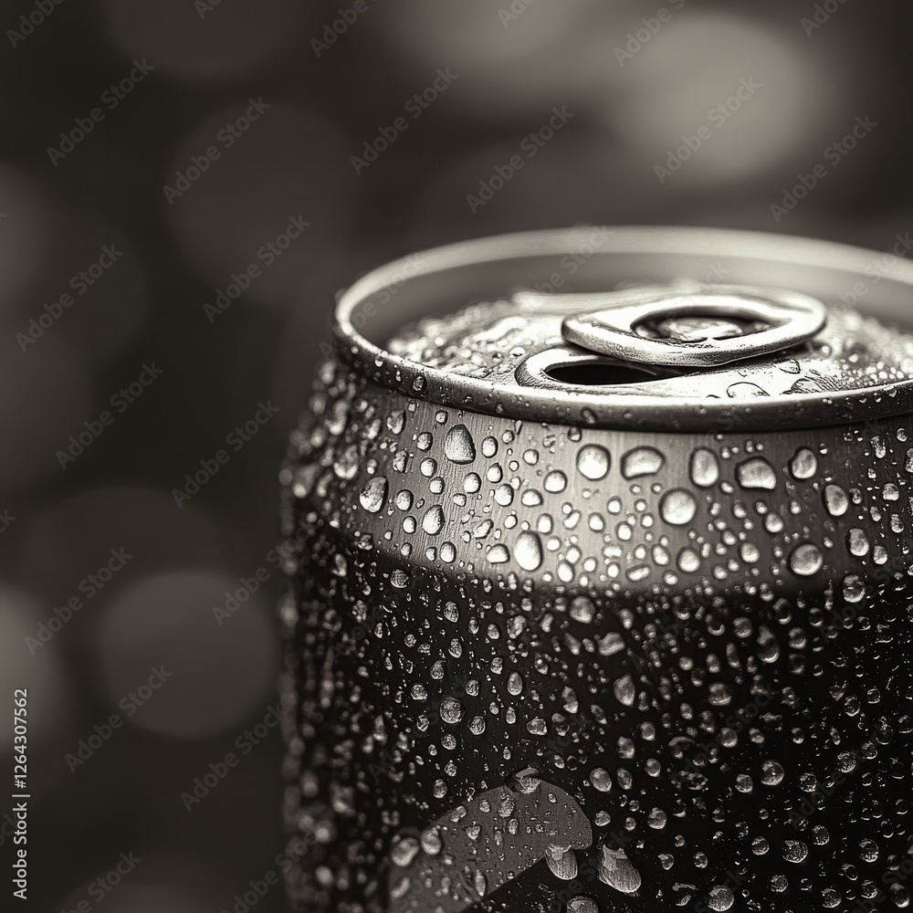 Close-up of a Cold, Refreshing Aluminum Can Covered in Water Droplets, Sparkling with Condensation, in Moody Monochrome with Bokeh Background Close-up of a Cold, Refreshing Aluminum Can Covered in Water Droplets, Sparkling with Condensation, in Moody Monochrome with Bokeh Background