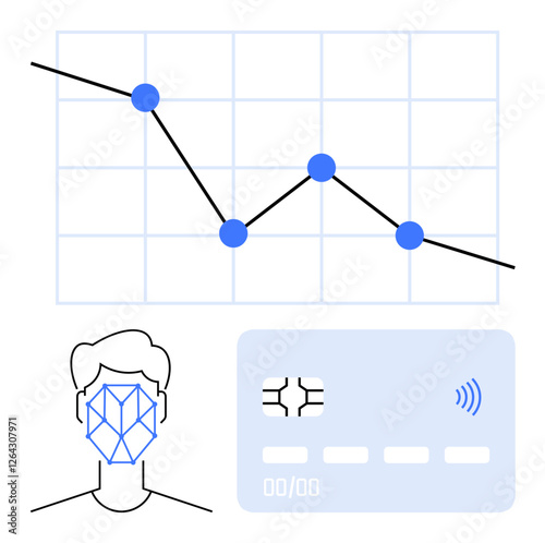 Declining data graph on grid, face with facial recognition lines, contactless payment card. Ideal for finance, technology, security, biometrics, analytics trends modern banking. Abstract line flat