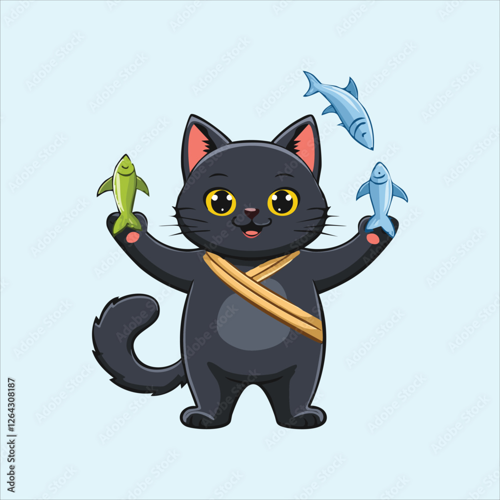 ninja cat throwing fish-shaped knives