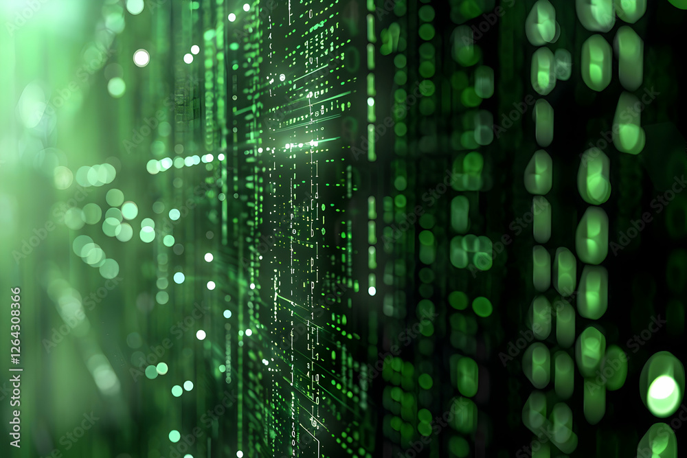Abstract representation of digital data streams with green binary code and glowing elements in background Abstract representation of digital data streams with green binary code and glowing elements in background
