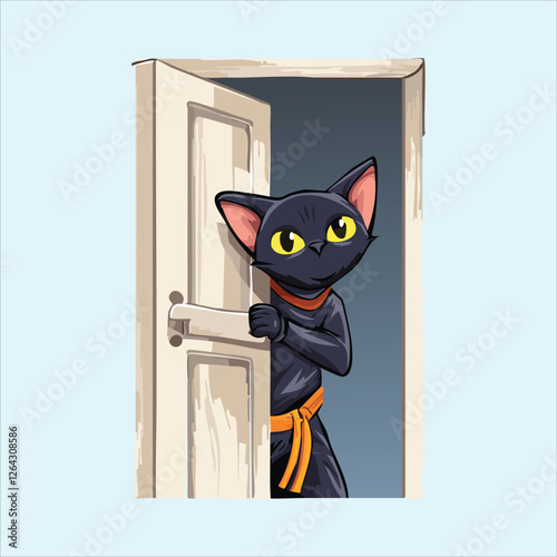 Stealthy ninja cat peeking from behind a paper sliding door