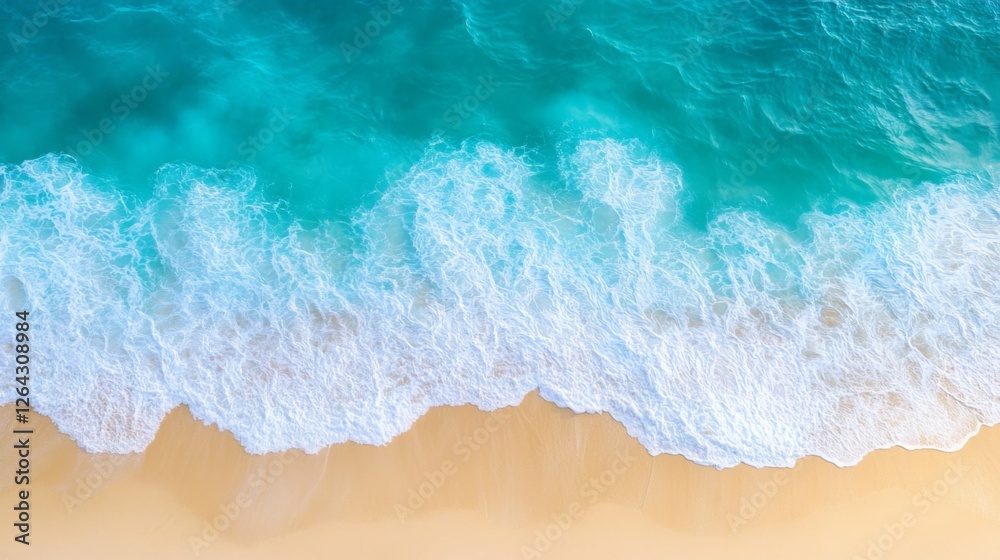 Ocean Waves Crashing on Sandy Beach: Serene Coastal Aerial View Ocean Waves Crashing on Sandy Beach: Serene Coastal Aerial View