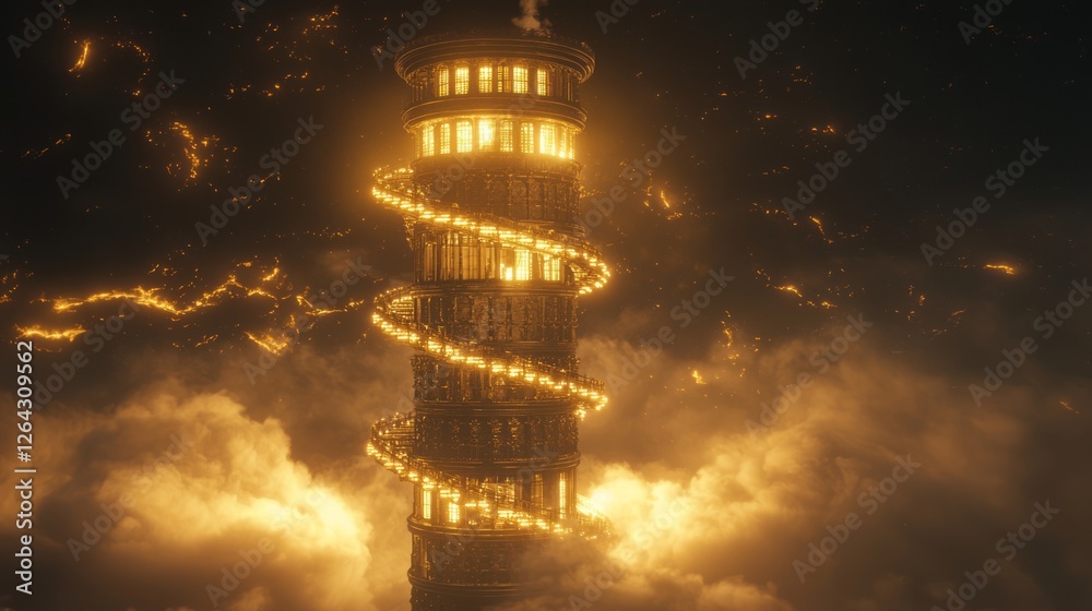 Obraz premium Narrow Victorian Tower with Spiraling Lights in a Dreamy Atmosphere
