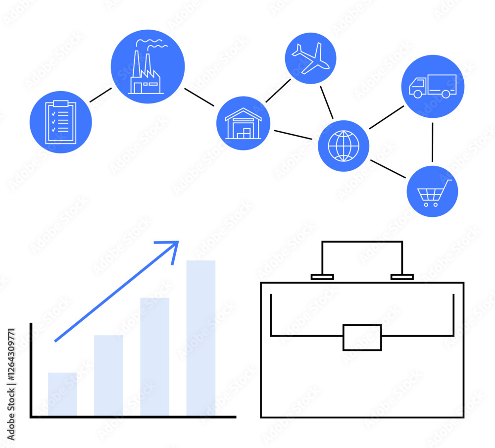 interconnected supply chain icons, growth graph, briefcase. Ideal for logistics, business strategy, supply chain management, growth analytics, trade, connectivity abstract line flat metaphor interconnected supply chain icons, growth graph, briefcase. Ideal for logistics, business strategy, supply chain management, growth analytics, trade, connectivity abstract line flat metaphor