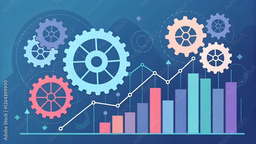 Analyzing business growth trends with gears and graphs digital infographic modern office abstract view Analyzing business growth trends with gears and graphs digital infographic modern office abstract view