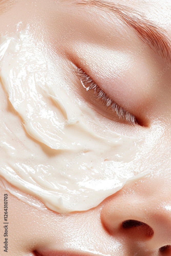 Fototapeta premium Cream application on skin. Close up of healthy skincare, soft background. For beauty