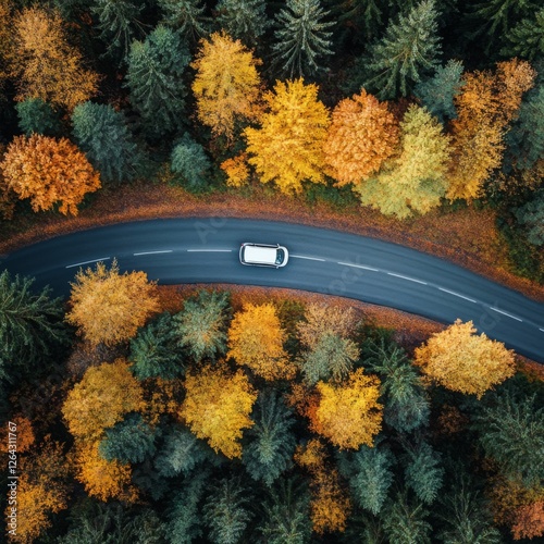 Autumnal Road Trip: White Car on a Winding Path Through Golden Forest