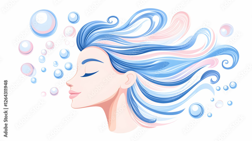 Woman relaxes with closed eyes, flowing hair, and bubbles. Calmness and beauty concept generative AI Woman relaxes with closed eyes, flowing hair, and bubbles. Calmness and beauty concept generative AI