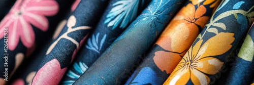 Close up view of vibrant patterned fabrics showcasing floral and geometric designs perfect for creative projects or decor. Generative AI
