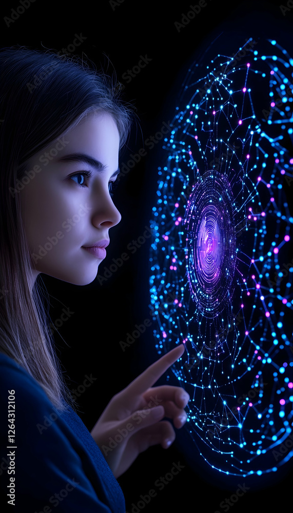 Naklejka premium Woman touching an interactive screen with network display for tech product use generative AI