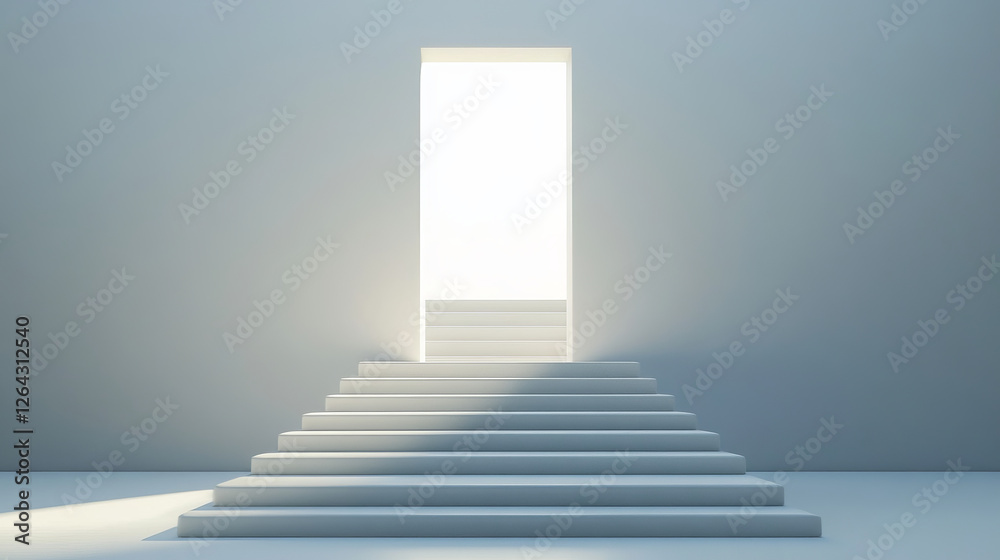 Empty staircase with light from open door on top. Vector realistic interior with stair with white steps and doorway. Concept of hope, career growth, future opportunity and success Empty staircase with light from open door on top. Vector realistic interior with stair with white steps and doorway. Concept of hope, career growth, future opportunity and success