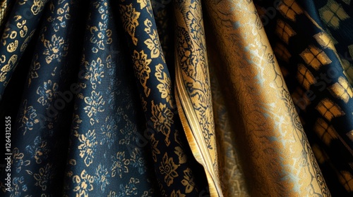 Close up view of patterned fabrics showcasing intricate floral and geometric designs with space for creative text insertion. Generative AI