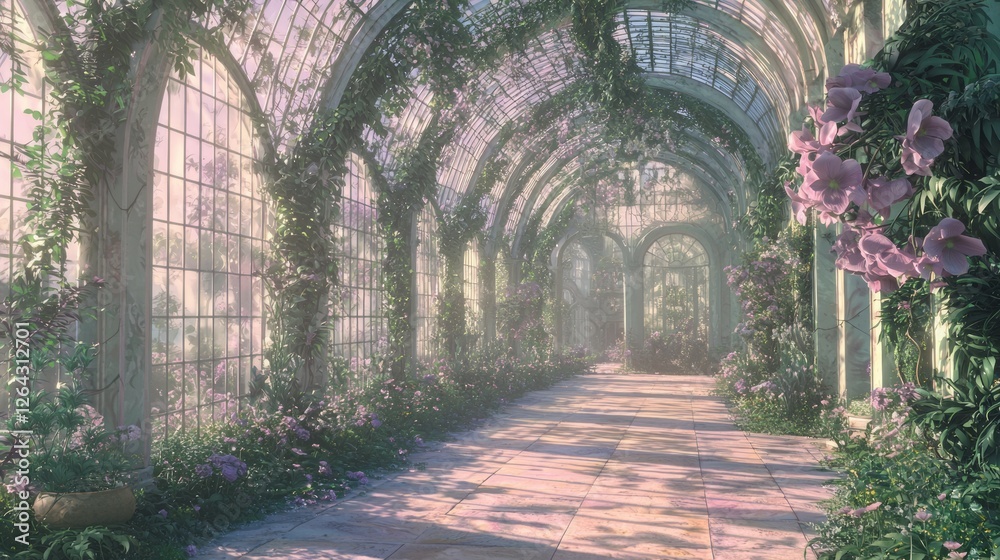 Obraz premium Serene Pastel-Hued Greenhouse with Lush Floral Accents