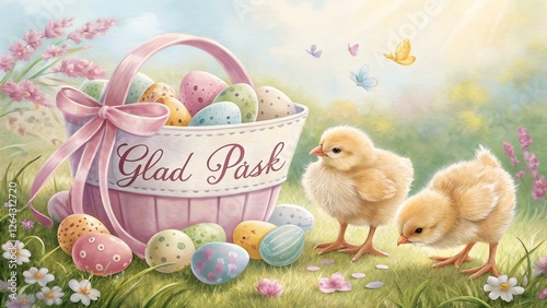 A charming Swedish Easter illustration featuring fluffy baby chicks and festive pastel-colored egg basket. The ribbon on the basket displays 