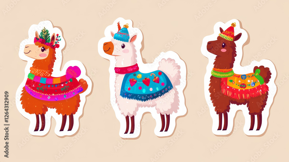 Set of stickers with New Year Llama, vicuna Peru animal. Christmas alpaca cartoon character. Mexican Lama mascot with cute face wear xmas festive clothes, garland and gift box isolated cut out patches