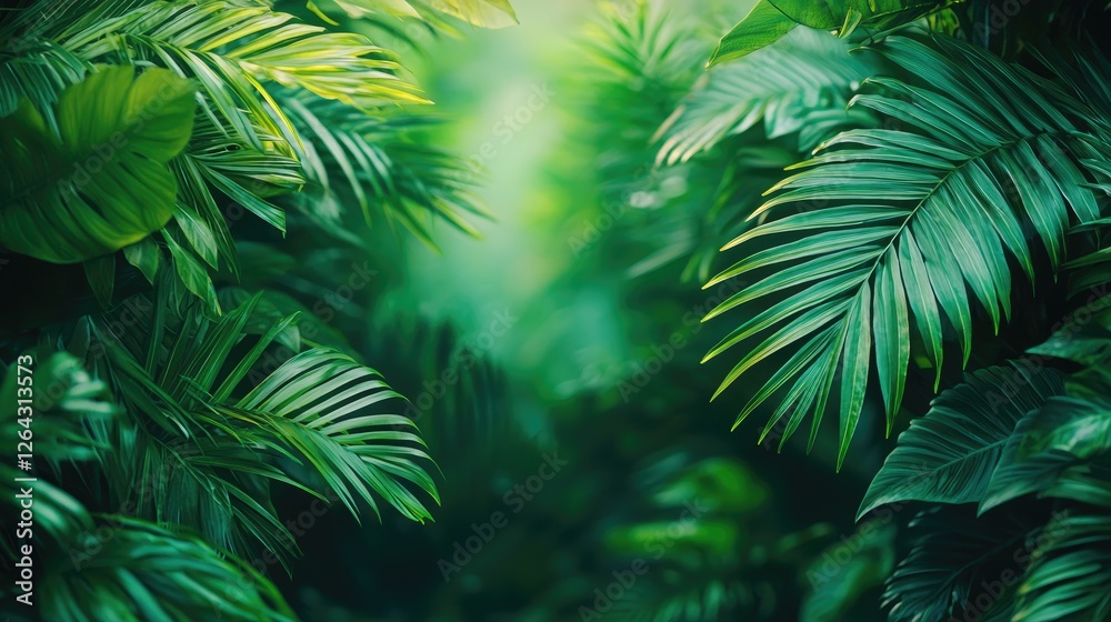 Fototapeta premium Lush Green Tropical Foliage Creating a Serene Pathway in a Vibrant Jungle Environment