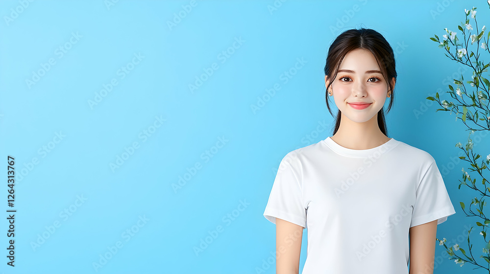 Young woman smiling against blue backdrop. White flowers add natural, soft touch generative AI Young woman smiling against blue backdrop. White flowers add natural, soft touch generative AI