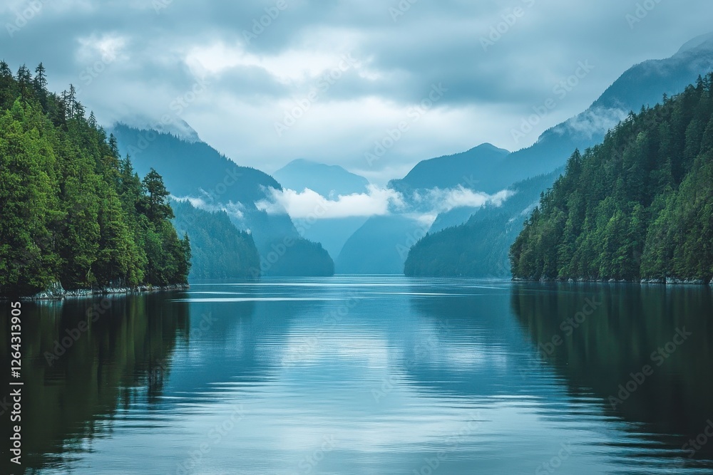 Serene lake nestled between lush, green mountains under a cloudy sky. Ideal for travel, nature, or tranquility themes, evokes peace and serenity.