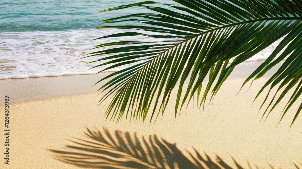 Fototapeta premium Lush green palm frond casting shadows on serene sandy beach with gentle waves in background