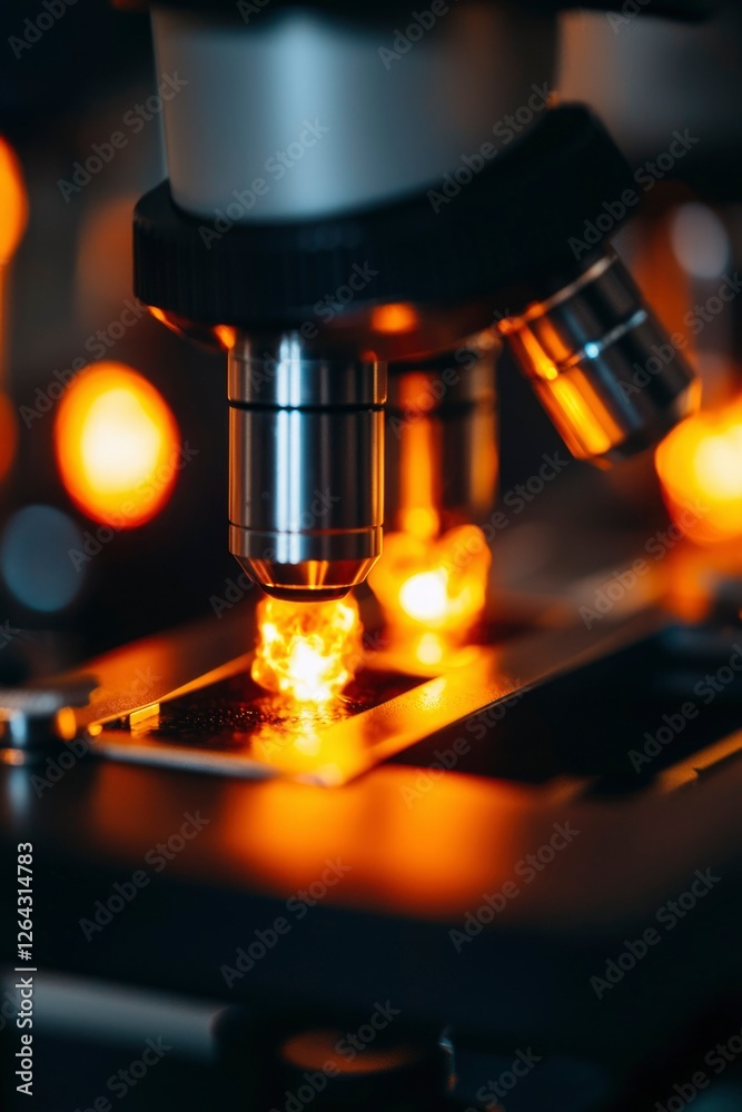 Close up Microscope focuses on slide during scientific research. Experiment