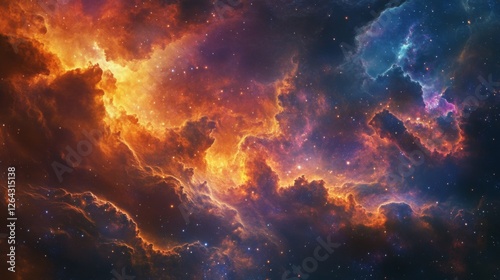 Cosmic Nebula: Fiery Hues and Starry Expanse in a Dreamlike Art Style