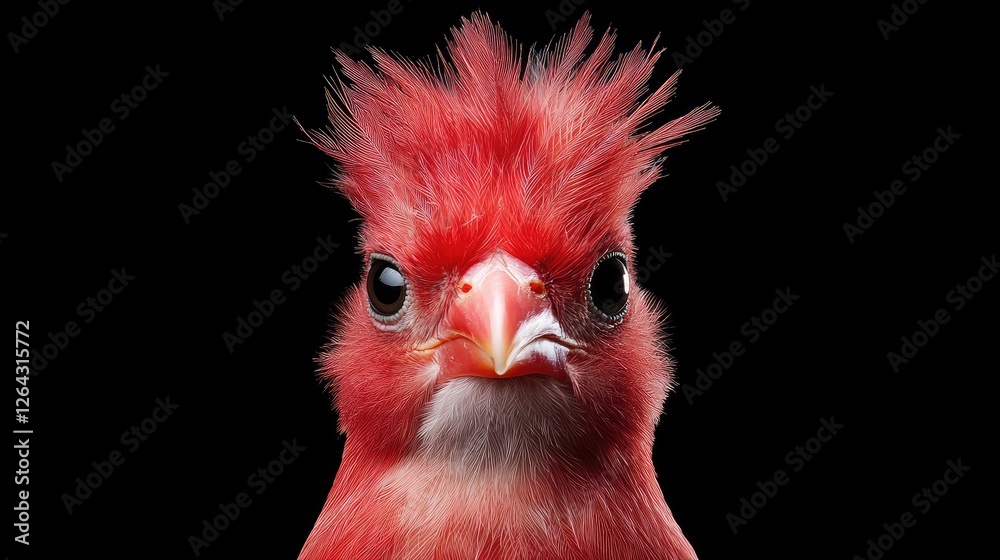 Fototapeta premium Close-up of a vibrant red bird's head against black background. Use Stock photo for nature, wildlife, or zoology publications