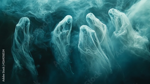 Ethereal Ghosts in Teal Smoke: A Mystical Art