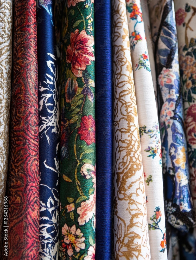 Close up view of vibrant patterned fabrics showcasing floral and geometric designs with space for text. Generative AI Close up view of vibrant patterned fabrics showcasing floral and geometric designs with space for text. Generative AI