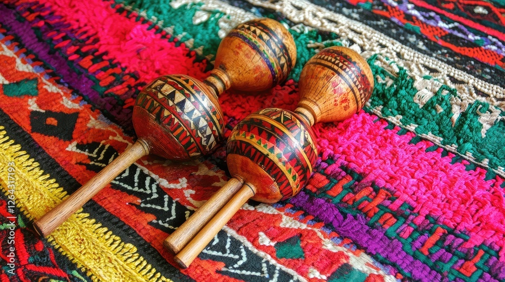 Colorful traditional maracas resting on vibrant handcrafted textile background, showcasing cultural artistry
