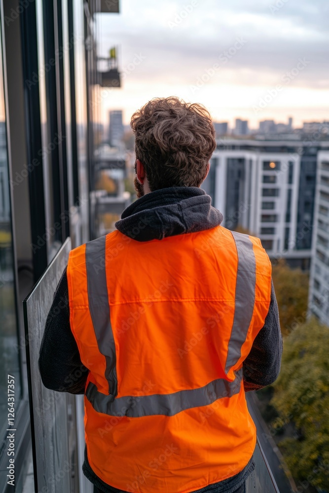 Obraz premium Man looks at city view at dusk in hi-vis; safety, construction or travel concept