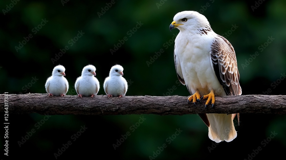 A white bird sitting on top of a tree branch next to three small white birds A white bird sitting on top of a tree branch next to three small white birds
