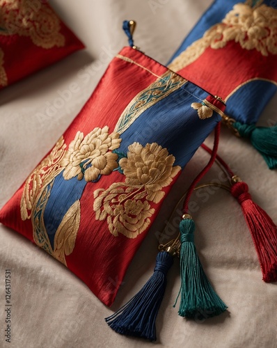 Ultra-realistic close-up shot of a colorful bokjumeoni (traditional Korean silk pouch) placed on a textured hanji paper background. photo