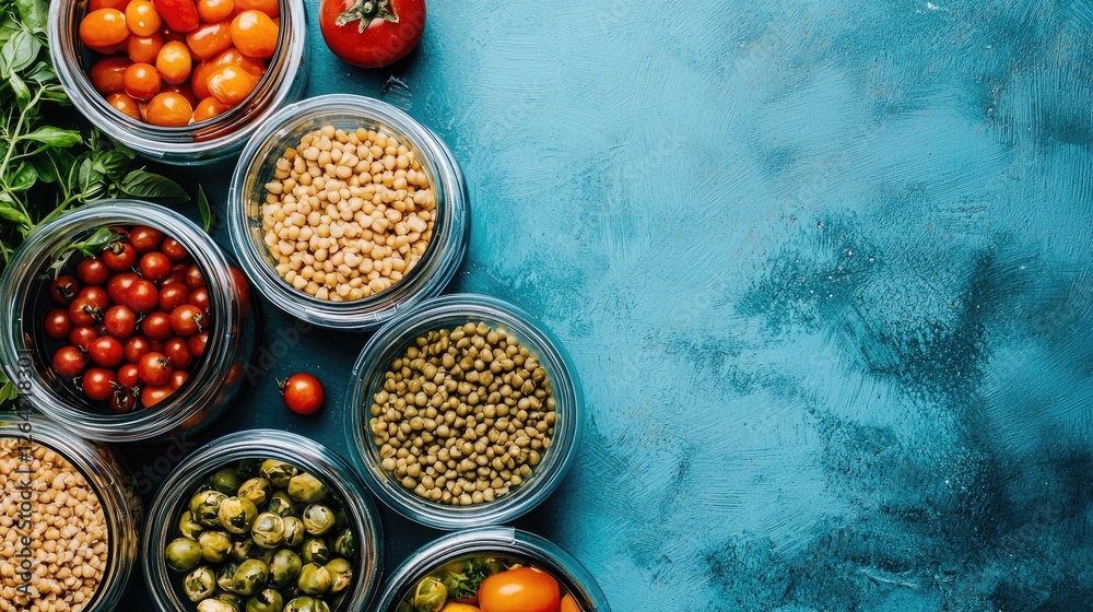Colorful assortment of fresh vegetables and legumes in jars on a vibrant blue background