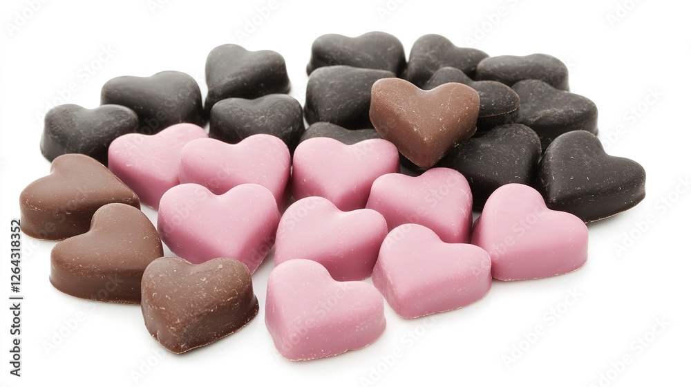 Heart-shaped chocolates in rich brown and soft pink hues, symbolizing love, romance, and sweetness