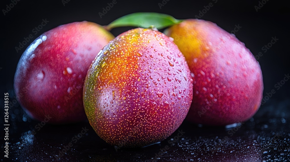 Fresh, dewy mangoes resting on a dark surface with droplets, showcasing their vibrant colors