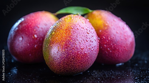 Obraz na płótnie Fresh, dewy mangoes resting on a dark surface with droplets, showcasing their vibrant colors w salonie