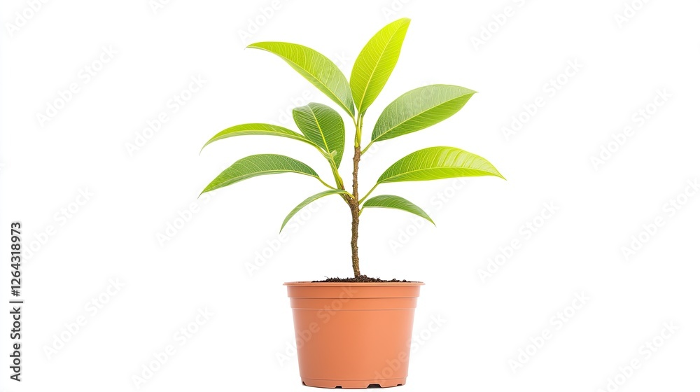 Young potted plant with vibrant green leaves growing in a terracotta pot against a white background