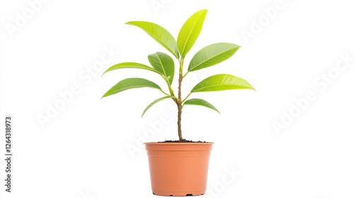 Obraz na płótnie Young potted plant with vibrant green leaves growing in a terracotta pot against a white background w salonie