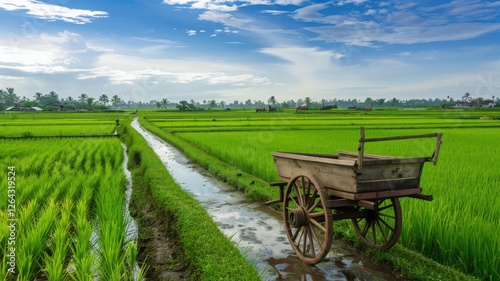 Transporting Tradition A Wooden Cart in Lush Rice Fields Nature Photography Serene Landscape Rural Perspective photo