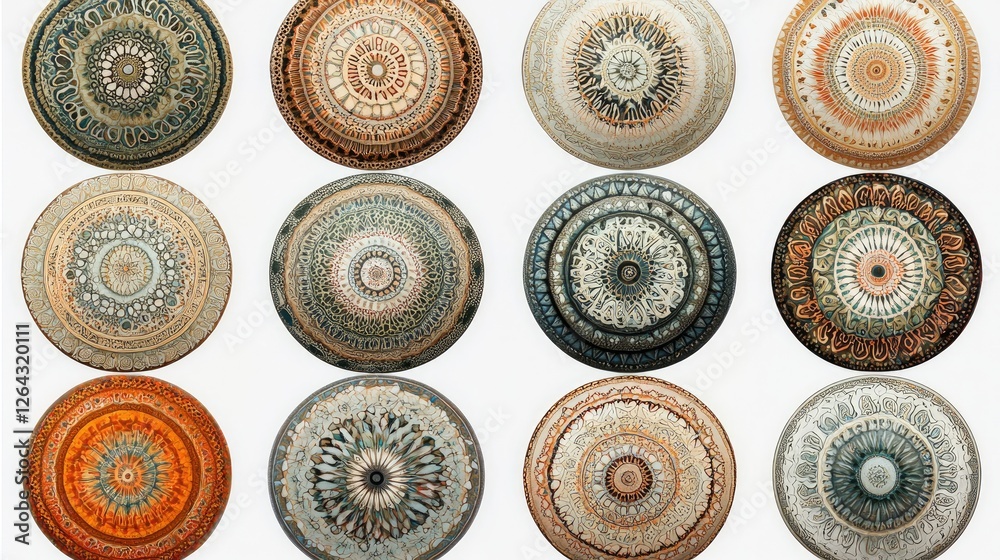 A vibrant collection of intricate mandala designs displayed in a symmetrical arrangement, showcasing various colors and patterns, ideal for artistic inspiration or home decor