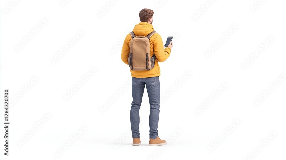 Young man in a yellow jacket holding a tablet while standing against a white background